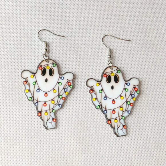 Cute Spooky Christmas Ghosts Earrings, Holiday Ghost Earrings, Acrylic Earrings - Picture 7 of 9